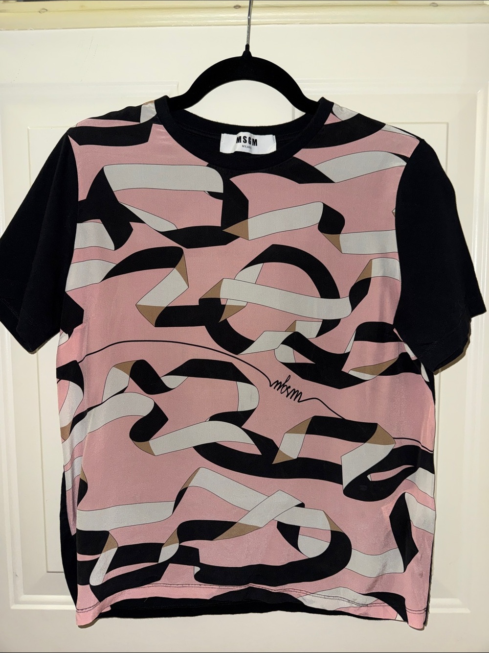 MSGM Pink Black Abstract Ribbon-Print Short Sleeve Top